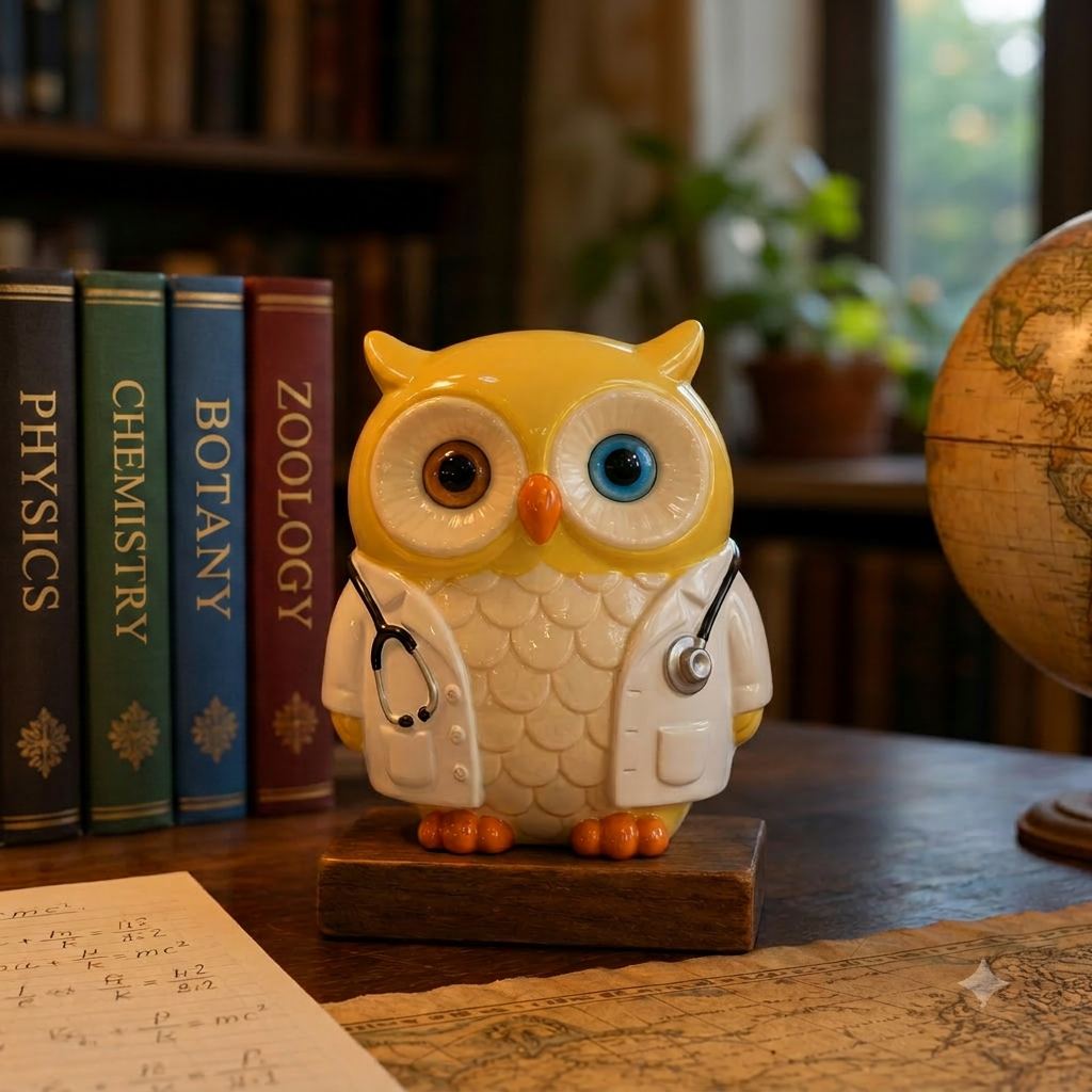 Owlie, a butter-yellow ceramic owl in a doctor's coat with a stethoscope, standing on a wooden base beside NEET textbooks titled Physics, Chemistry, Botany and Zoology